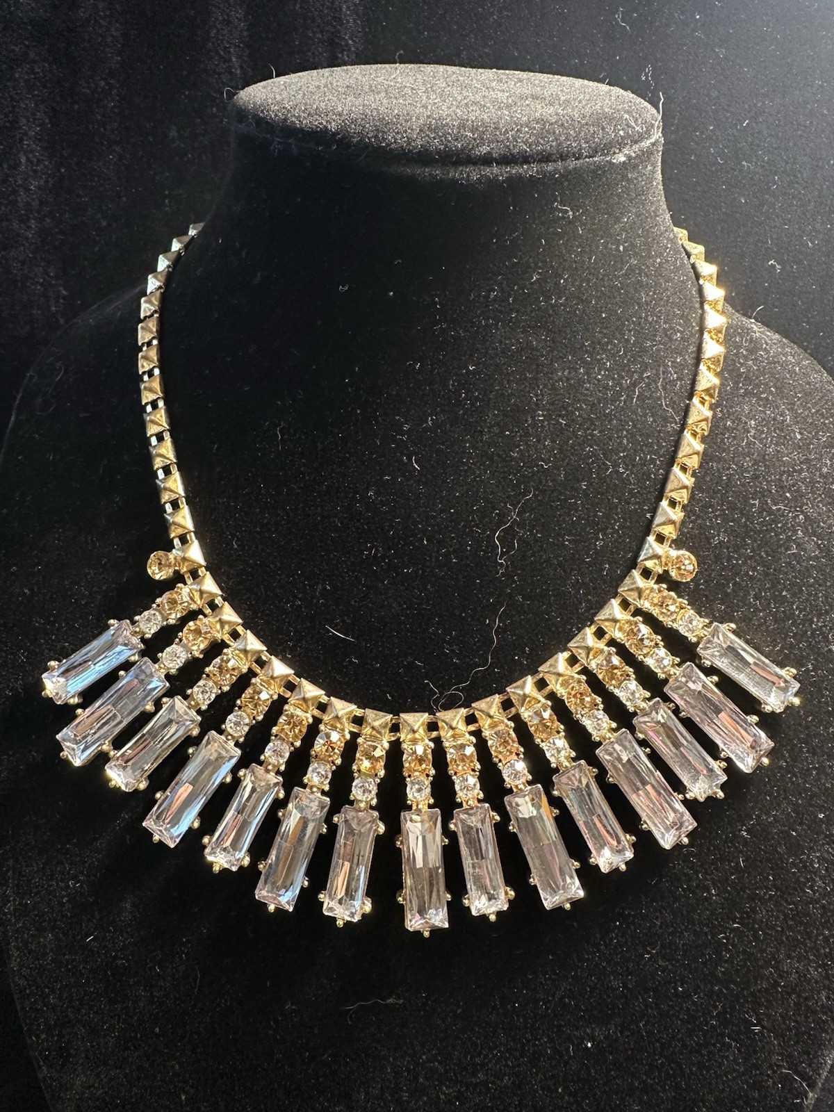 Cara New York Necklace Stunning Choker Goldtone W Mirrored Rhinestones Adjust.