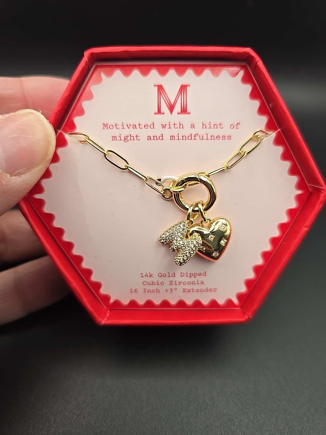 14K Gold Dipped Cubic Zirconia Puffy Heart Charm M Initial Necklace – A New Day™