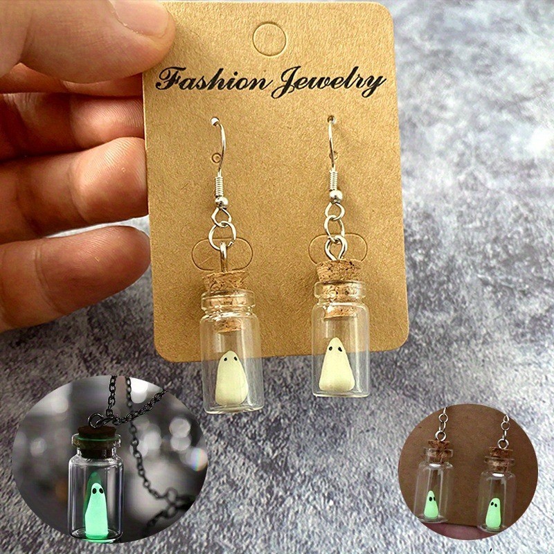 1P Ghost Earrings+1P Necklace Green Ghost In A Bottle Glow in The Dark Halloween