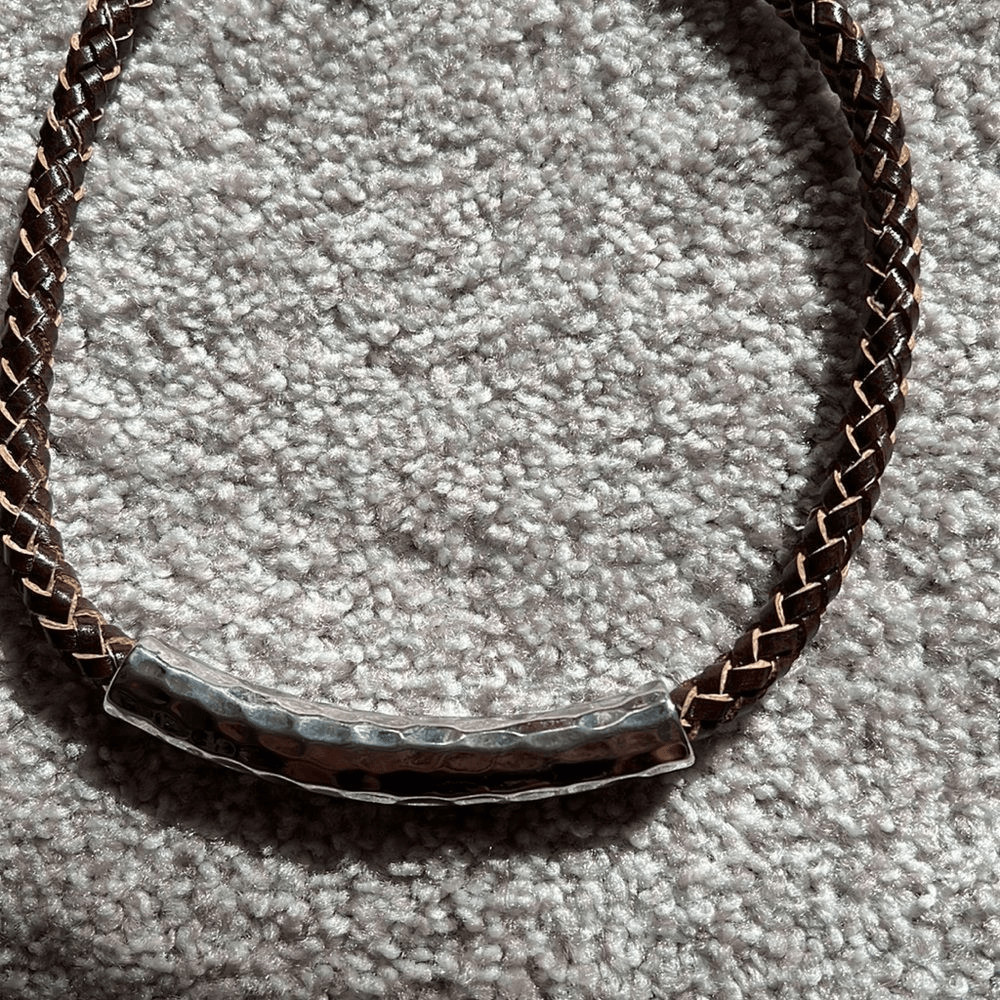 Premier Designs Organic Braided Leather Hammered Silver Bar Necklace NWT