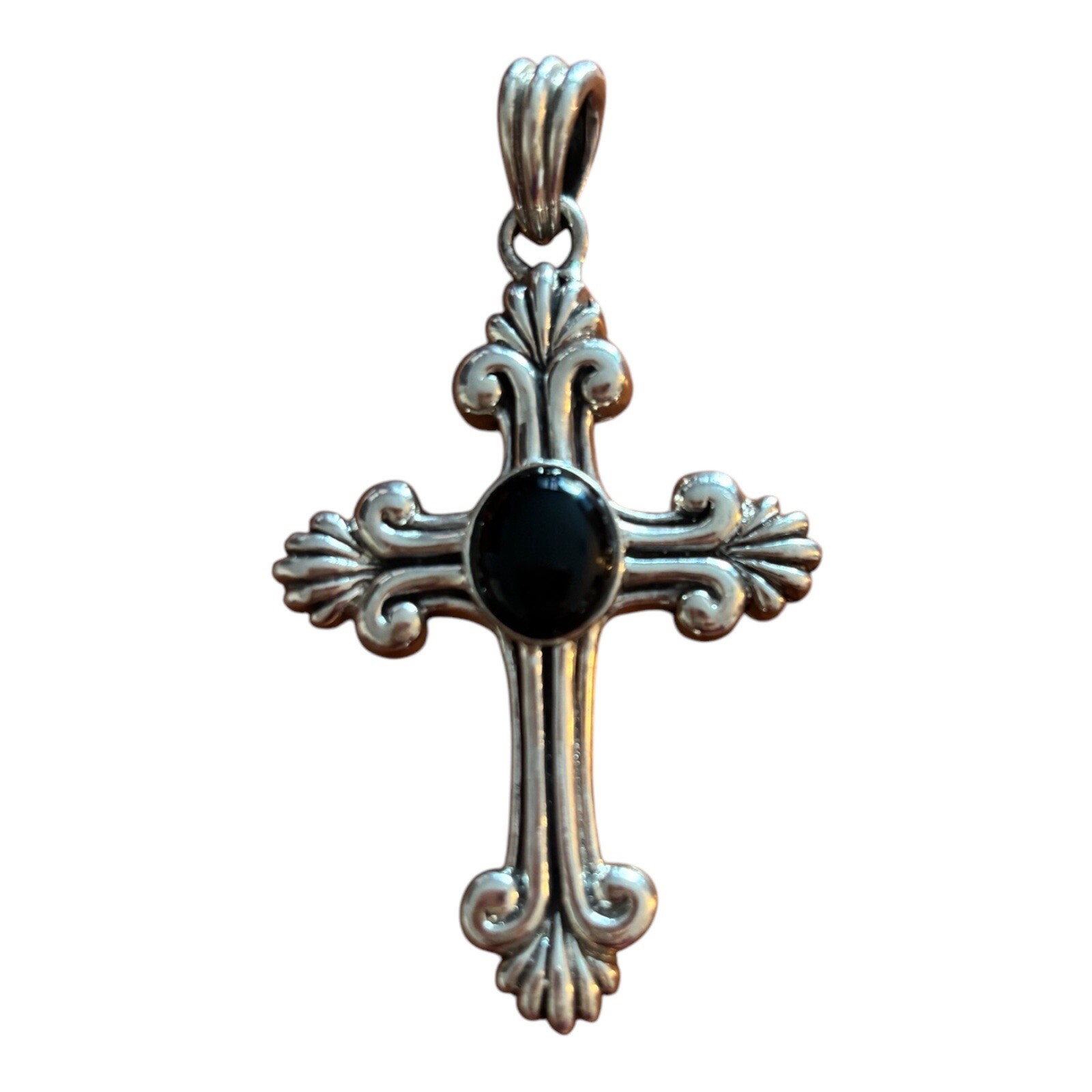 Sterling Silver Elegant Swirl Gothic Cross Pendant Black Simulated Onyx Charm