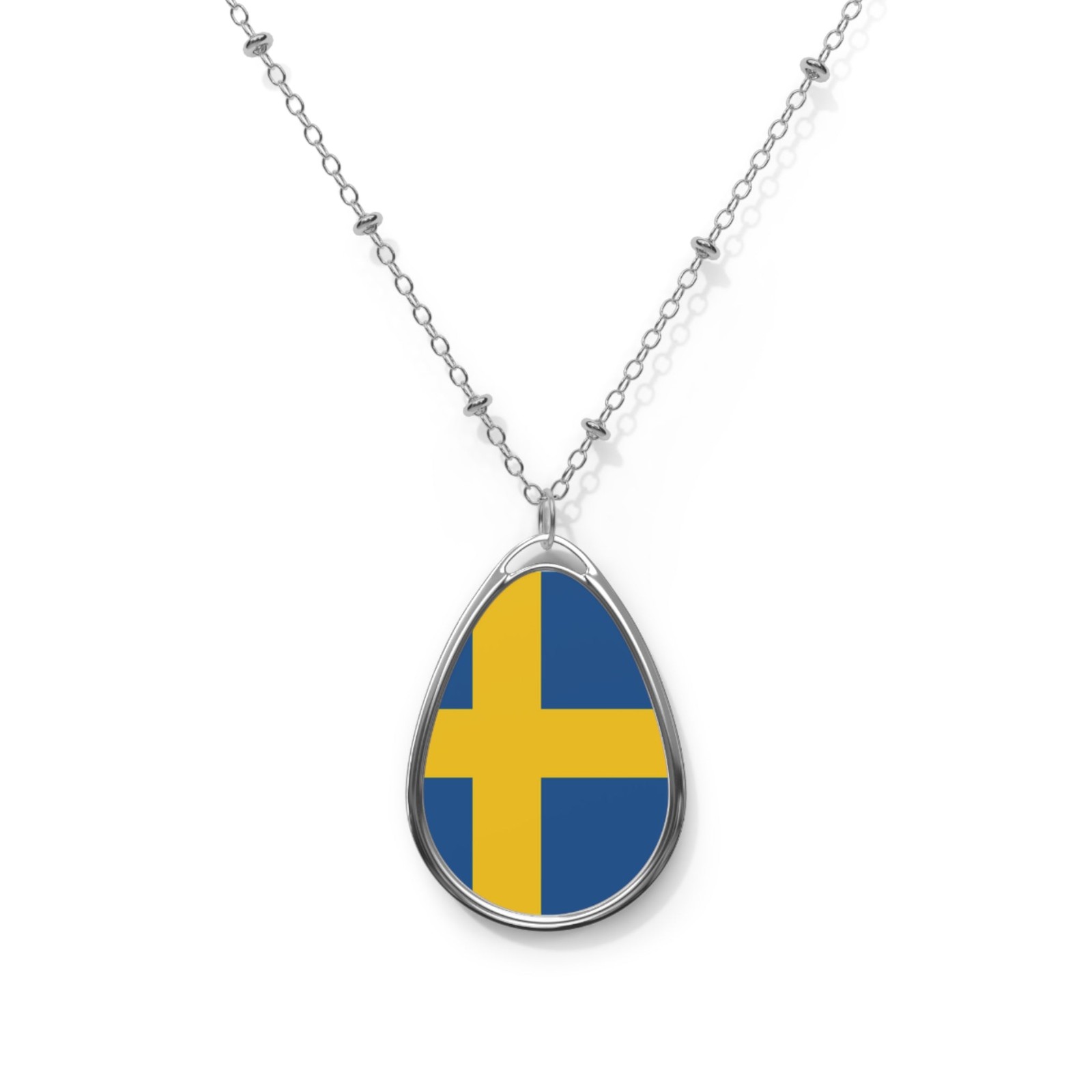 Sweden Flag Oval Necklace – Stylish Zinc Alloy Pendant – One Size / Silver