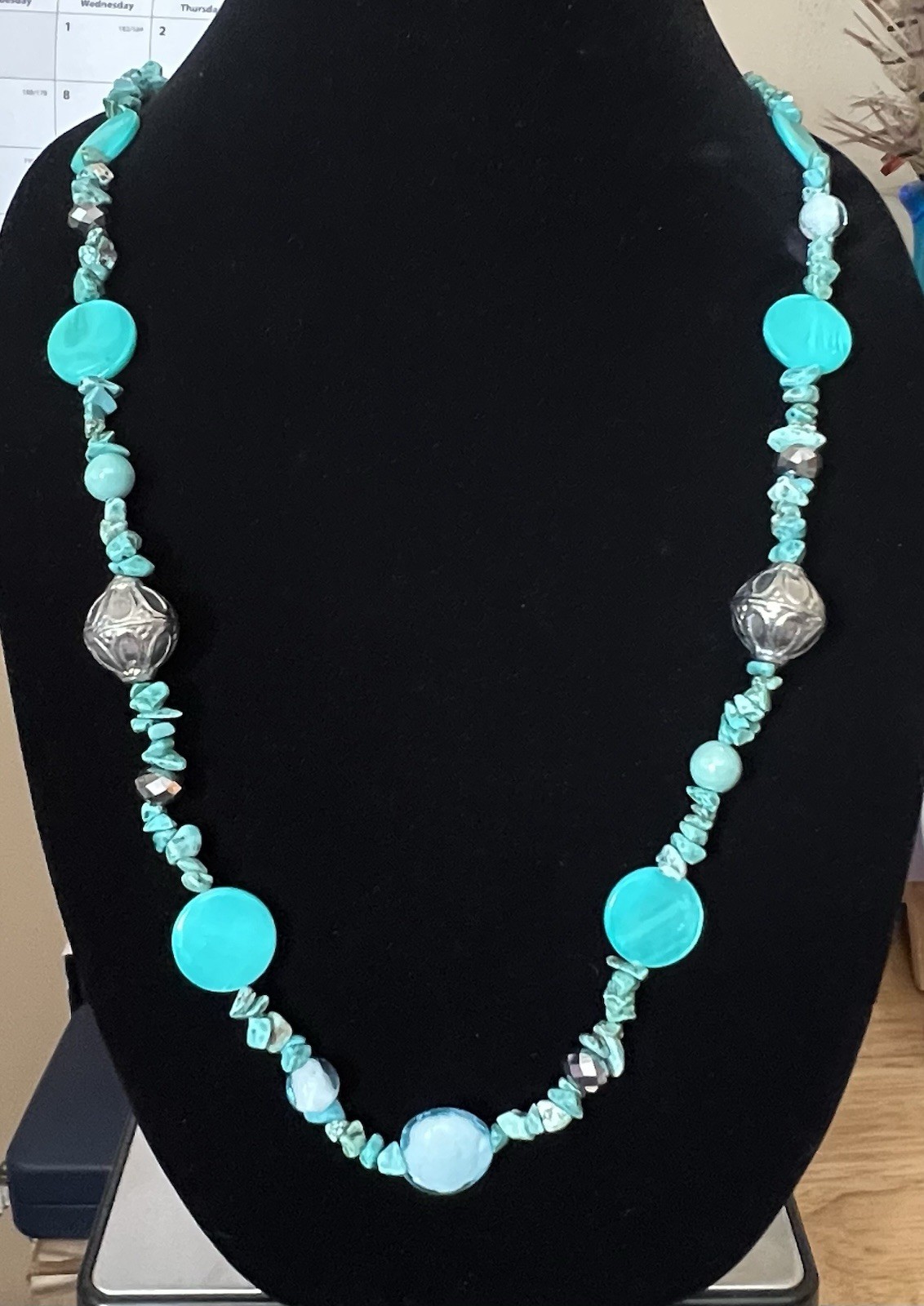 Erica Lyons Faux Turquoise/Glass/Metal Necklace Blue/Silver Tone Lobster Clasp