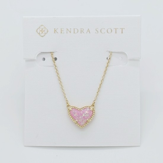 New Kendra Scott Ari Heart Gold Necklace in Pink Opal
