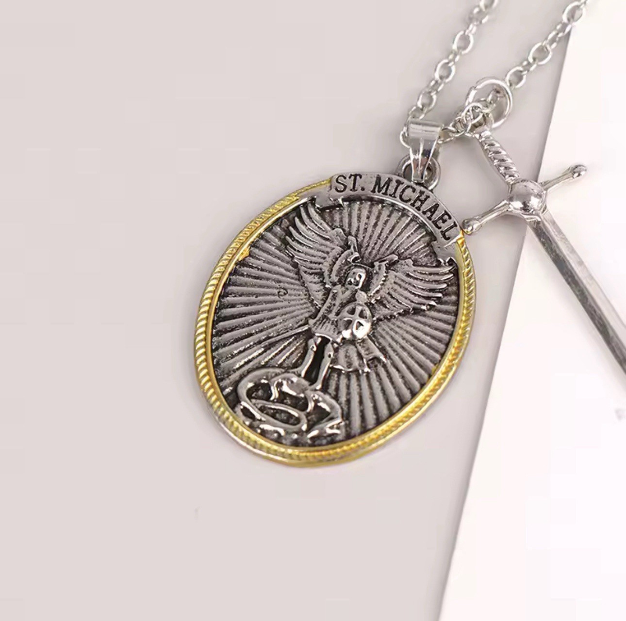 St Michael Archangel Pendant Necklace Stainless Steel Shield Lord’s Prayer 18″
