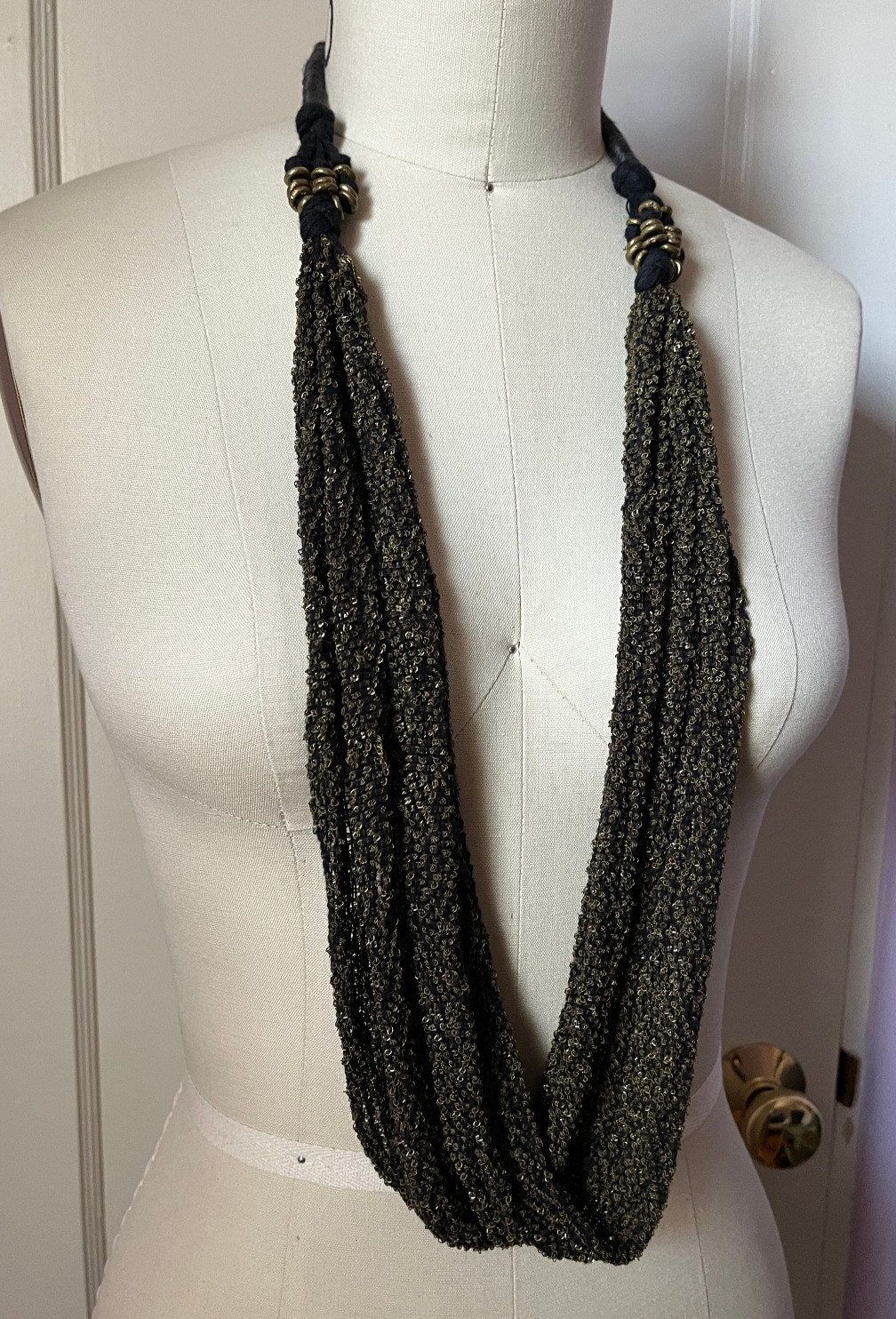 Rhiannon Griego Statement Woven Necklace Textile Art Navy Blue with Brass