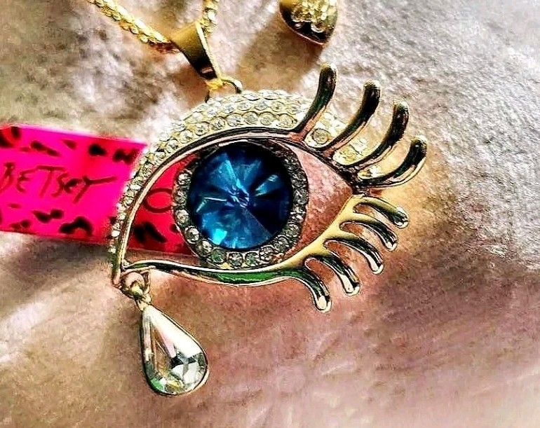 Betsey Johnson Blue Rhinestone Eye & Tear Necklace