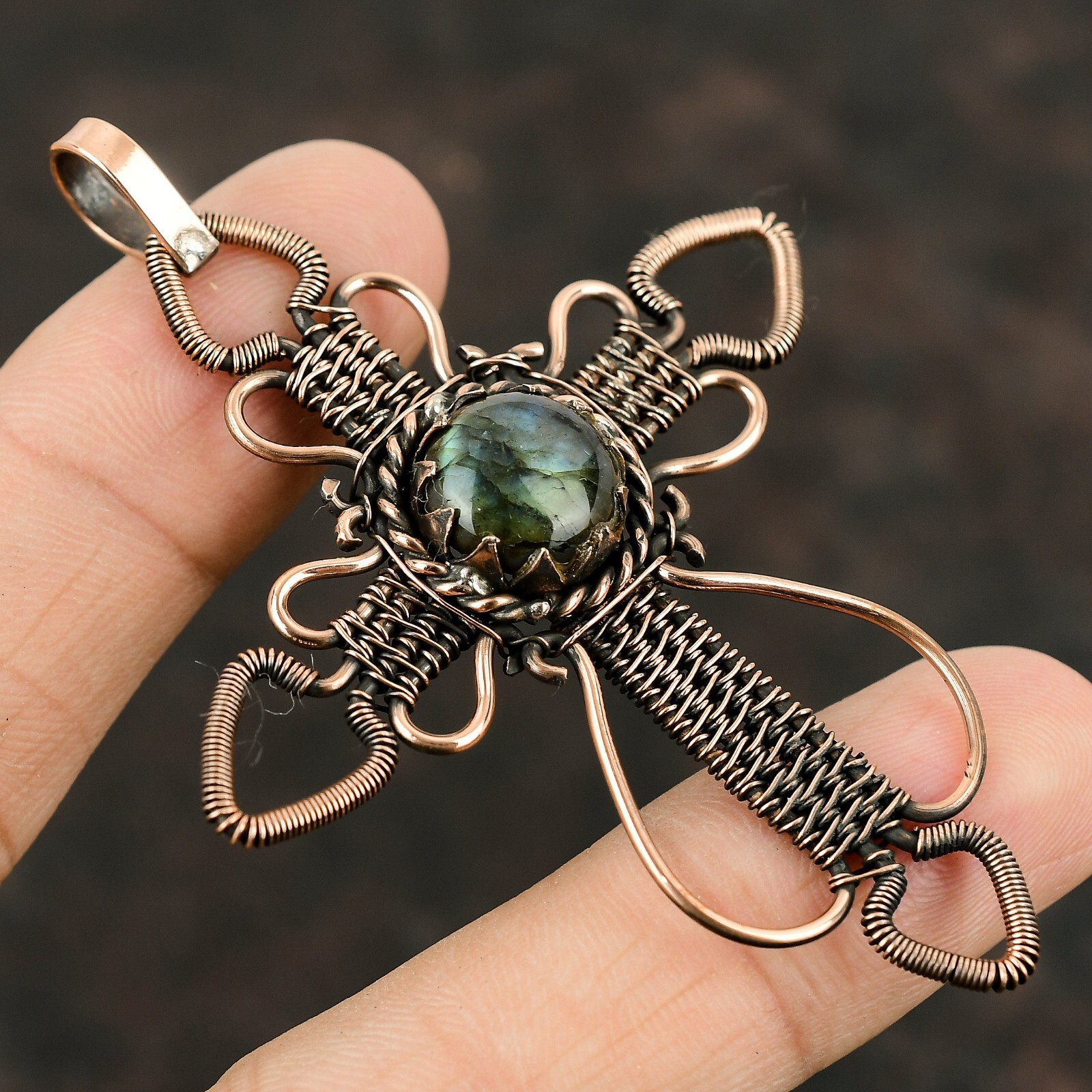 Labradorite Wire Wrapped Cross Pendant Handcrafted Copper Ethnic Gift 3.19″