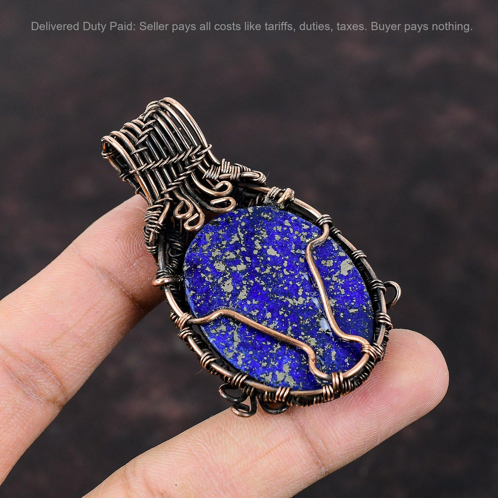 September Lapis Lazuli Gemstone Wire Wrapped Art Deco Engagement Pendant Copper