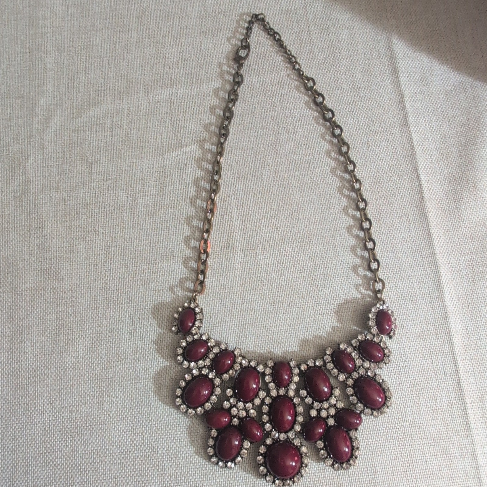 Silver Tone Burgundy Oval Rhinestone Bib Statement Necklace Cable Chain Lobster