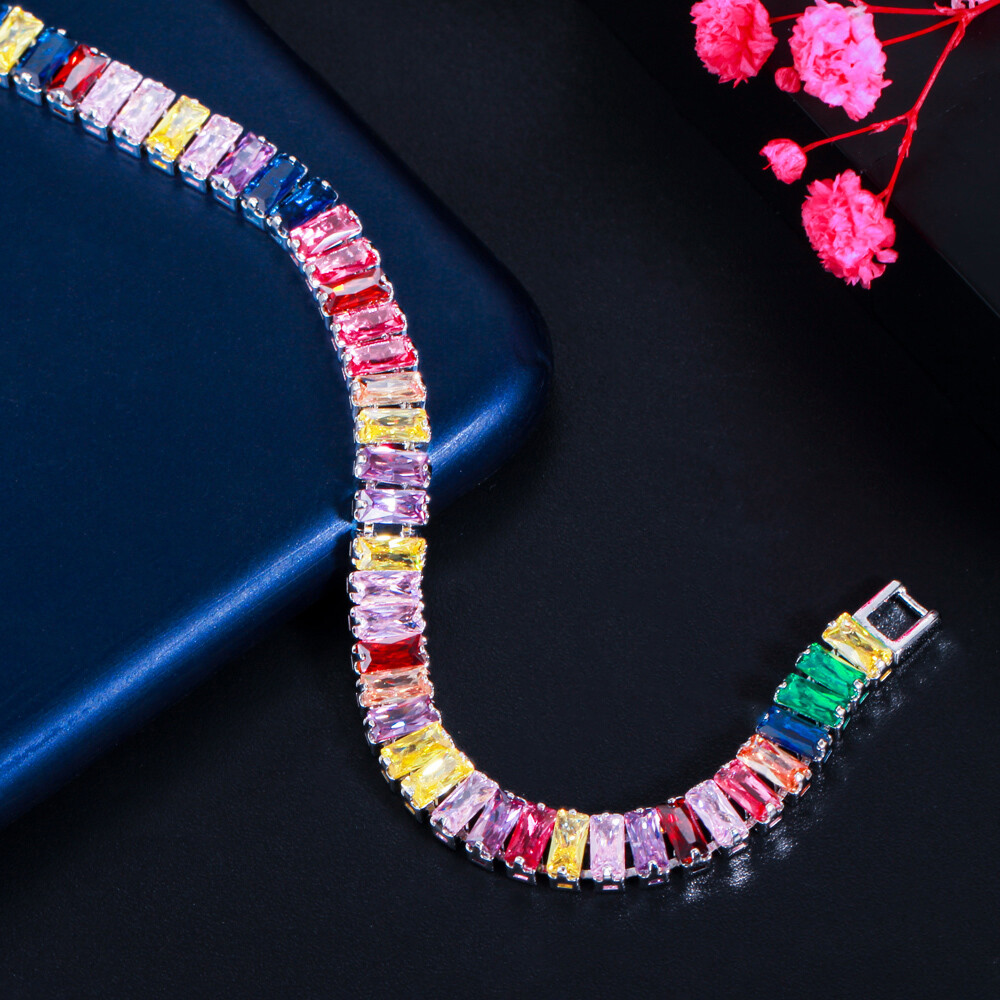 Colorful Rainbow Cubic Zirconia Tennis Necklace Gold Plated Women Bridal Jewelry
