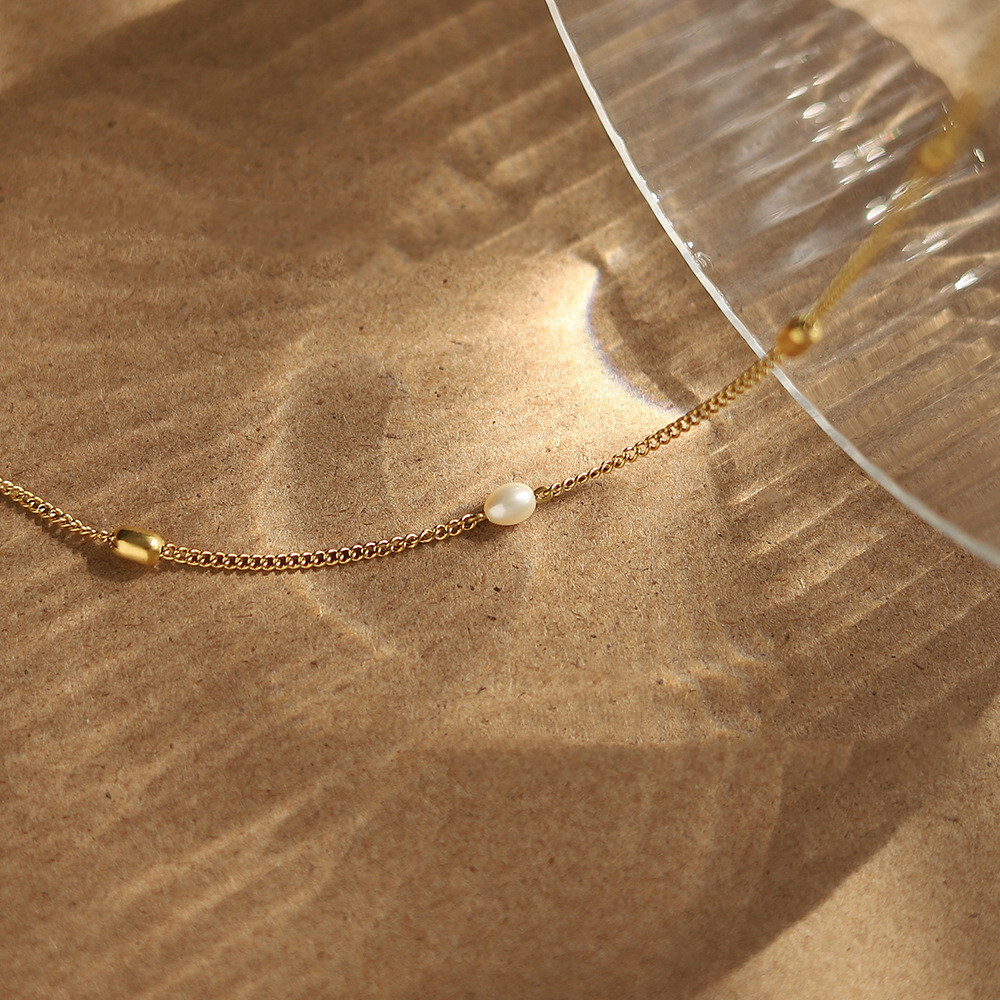 Woman 18K Gold Plated Golden Bead Pure Natural Freshwater Pearl Necklace Chain