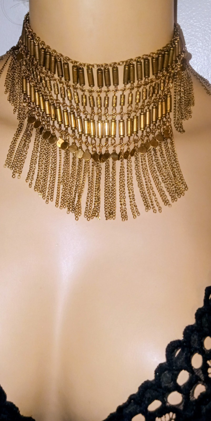 Gold Tone Fringe Bib Necklace Boho Beaded Statement Jewelry Long Choker E08