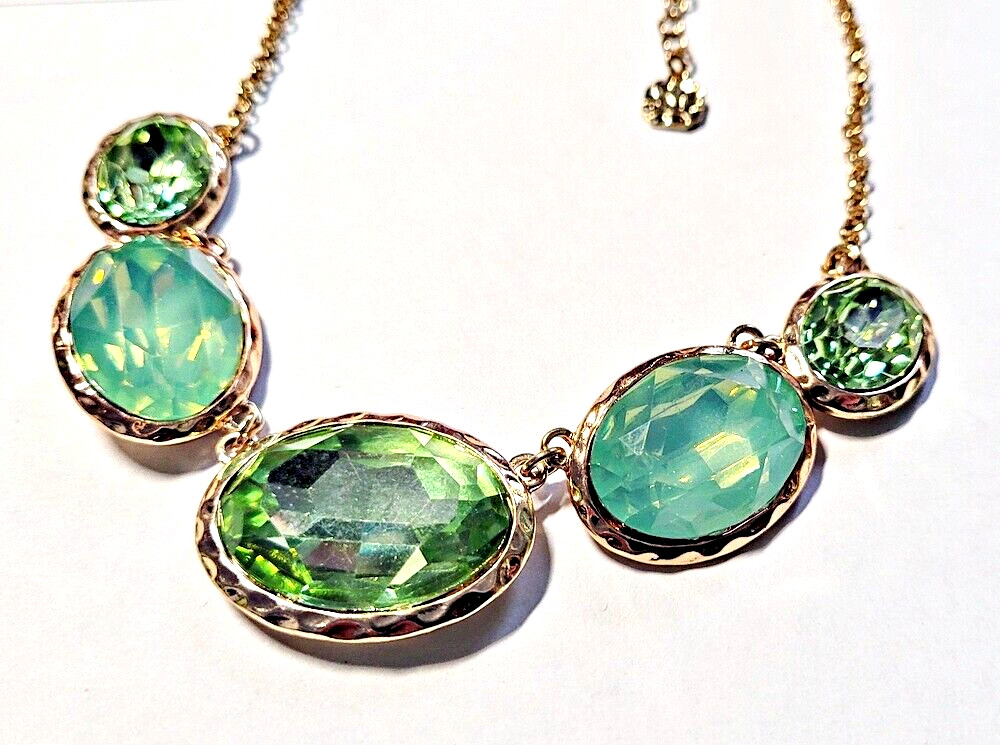 Monet Green Acrylic Rhinestone Necklace 18-20 Inches Goldtone Chain & Settings
