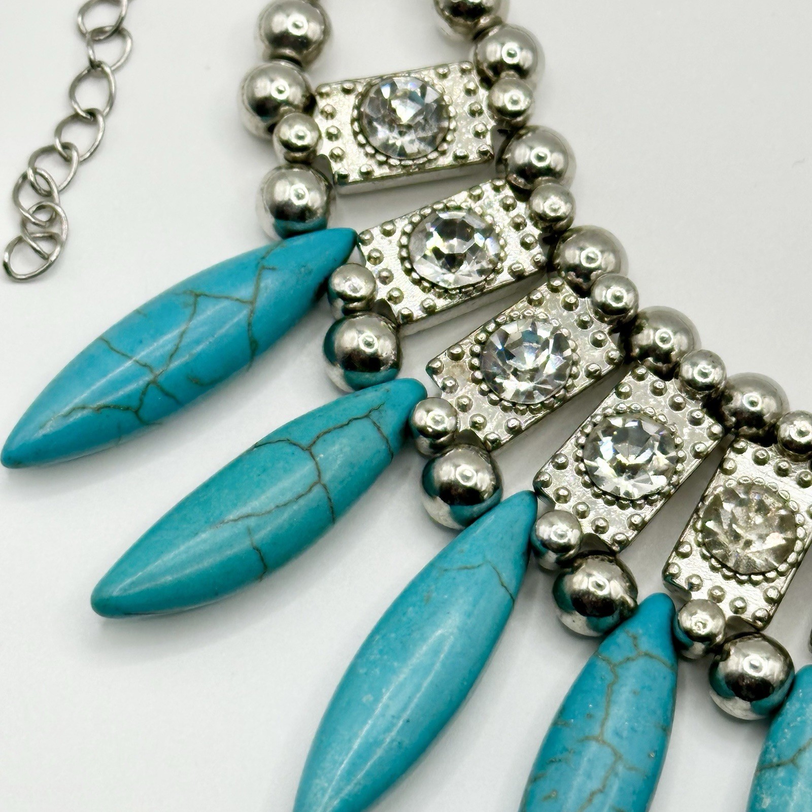 Faux Turquoise Rhinestone Statement Necklace Silver Tone Boho Ethnic 17-21”