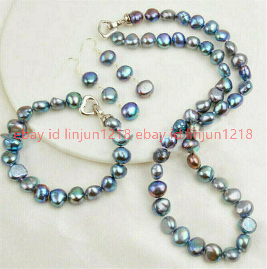 Natural 8-9mm Black Freshwater Baroque Pearl Necklace 18” Bracelet Earrings Set