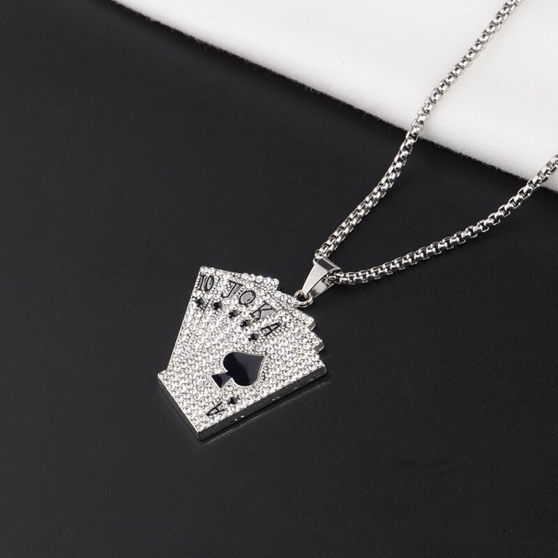 Mens Womens Silver CZ Poker Card Pendant Necklace Punk Hip Hop Jewelry Chain 24″
