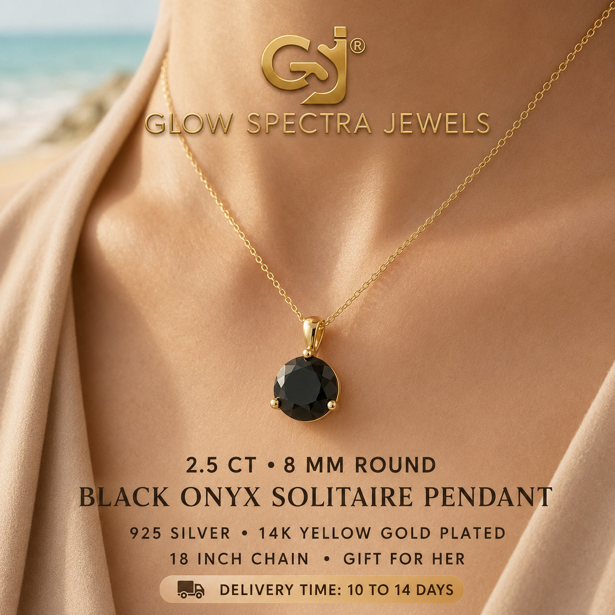 2.50Ct Round Black Onyx Diamond Solitaire Women Pendant 14K Yellow Gold Plated