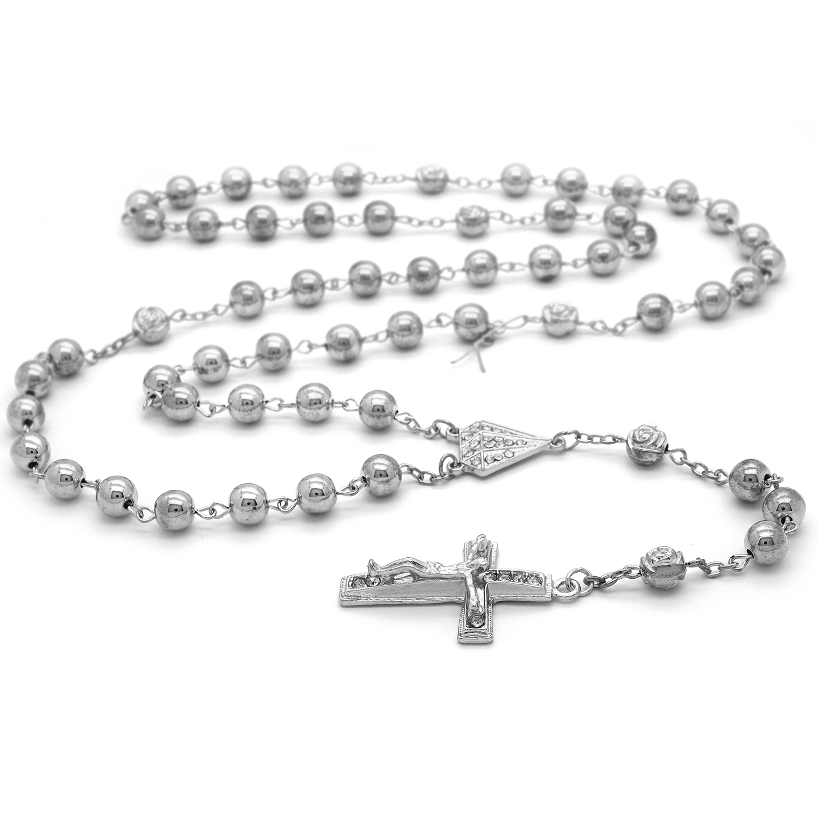 Hip Hop 8mm SILVER plated Beads D-Shape Cubic-Zirconia Rosary & Jesus Cross
