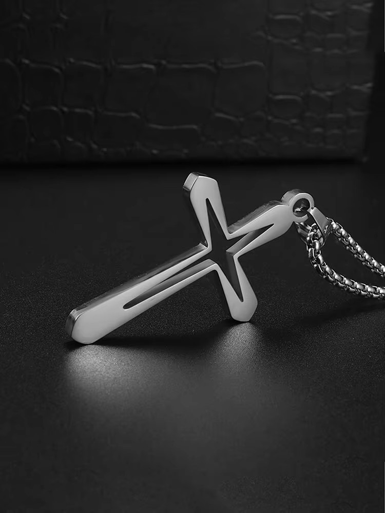 Cross inside a cross pendant necklace 925 silver plated over stainless steel