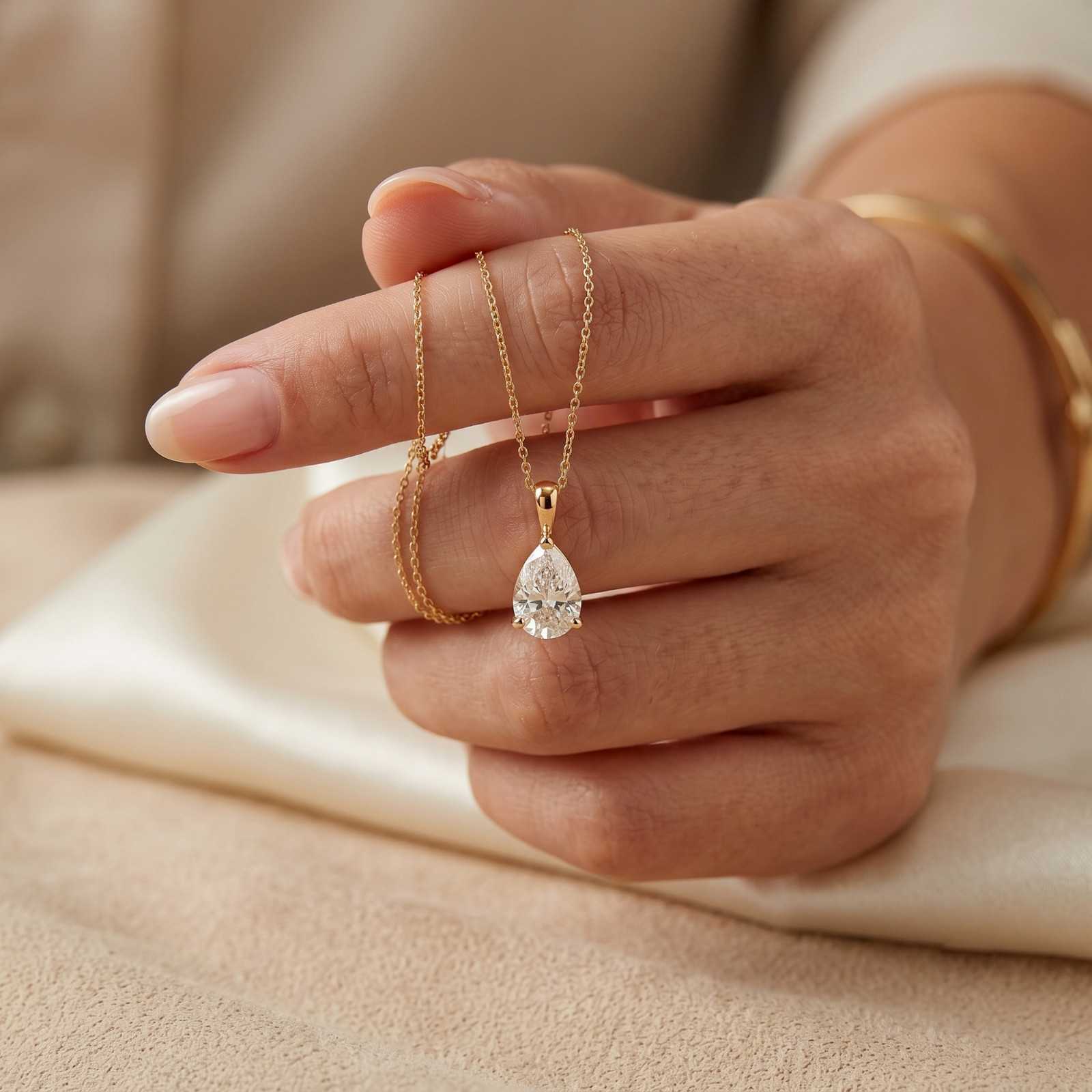Pear Cut Cubic Zirconia Stone Charm Pendant 10K Solid Yellow Gold Gift For Women