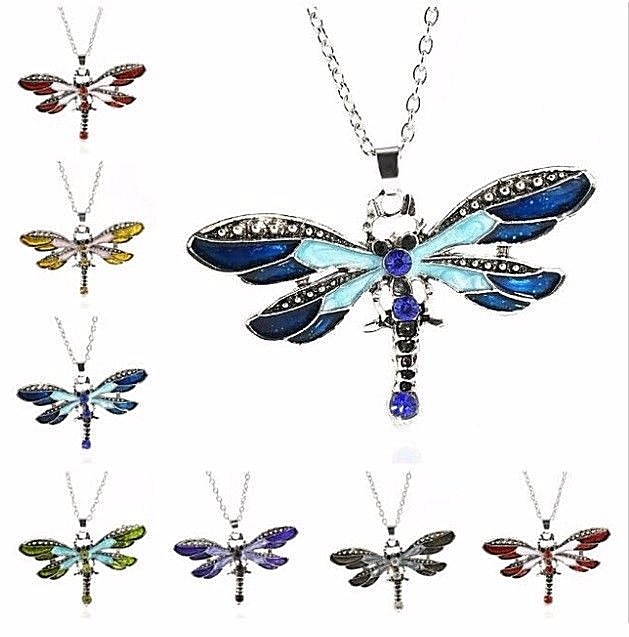 DRAGONFLY 2-5/8″ x 1-3/4″ Rhinestone & Acrylic Pendant Necklace with 18″ Chain