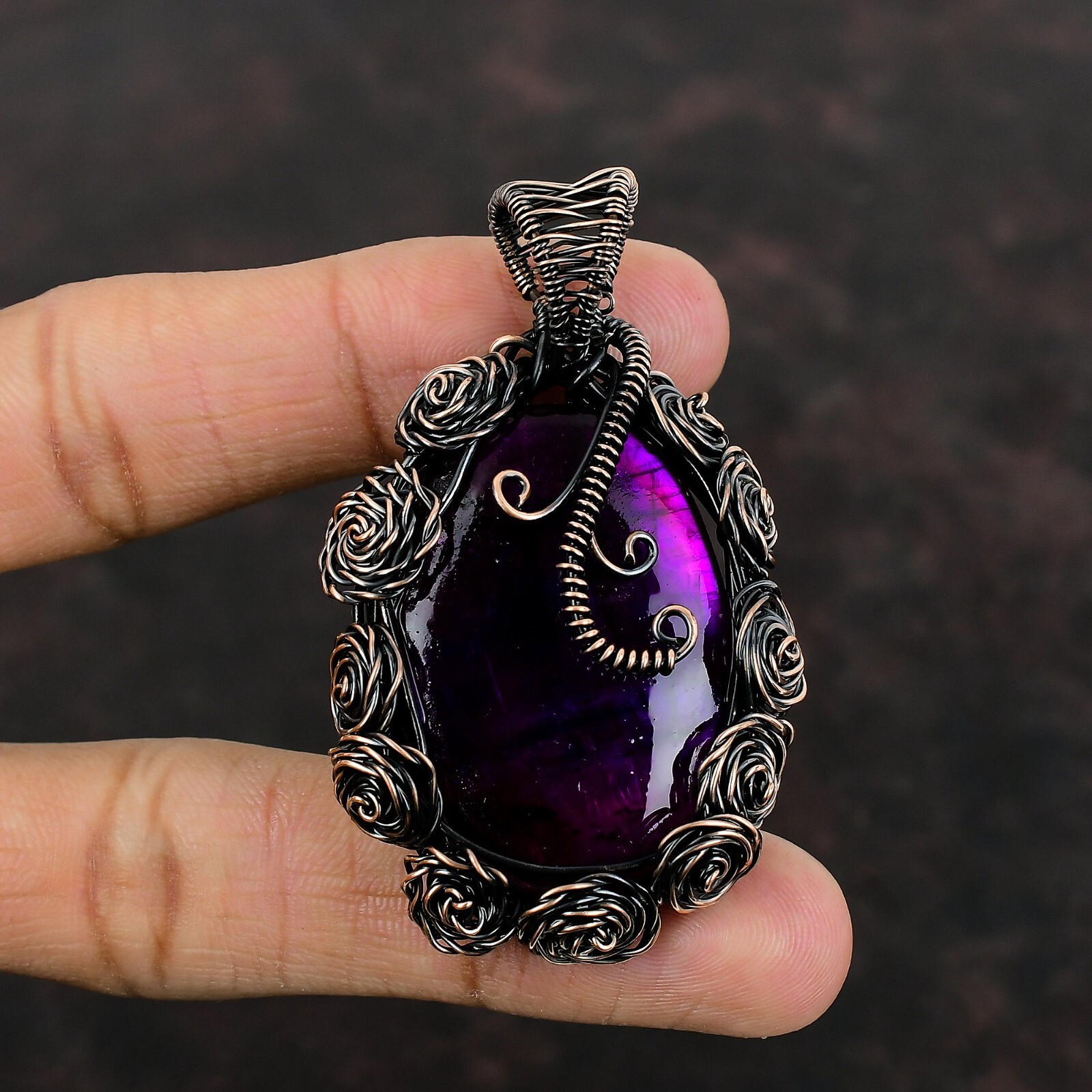 Pink Fire Labradorite Jewelry Copper Love Gift Wire Wrapped Flower Pendant 2.36″