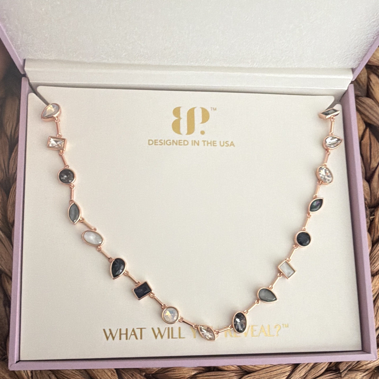 BP First Class Monaco Moments Multicolor Crystal Necklace Rose Gold Plated 27″