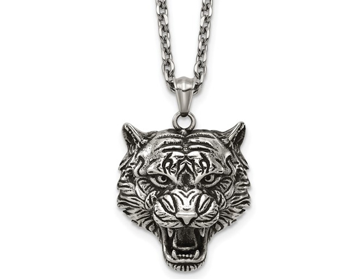 Stainless Steel Tigers Head Pendant Necklace with Chain (24 Inches)