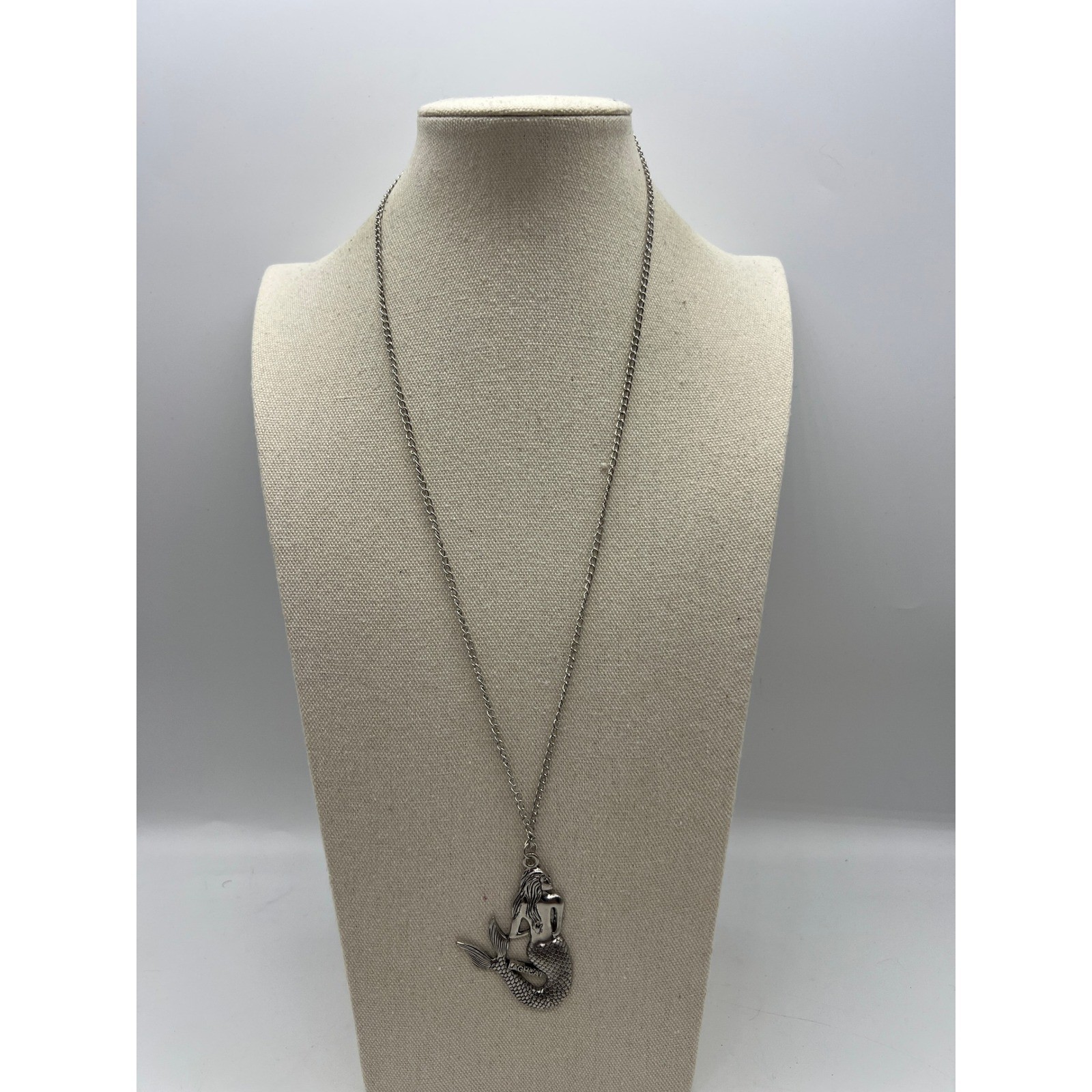 LaghCat Mermaid Pendant Necklace Boho Mermaidcore Fantasy Silver Tone 27in Chain