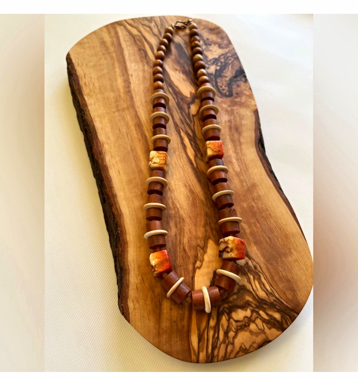 Bohemian Wood & Stone Beaded Necklace Brown Orange Beige 20in Lobster