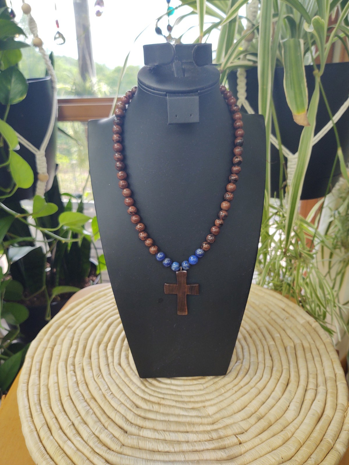 Red Mahogany Obsidian Lapis Wood Cross Single Strand Male or Female Necklace