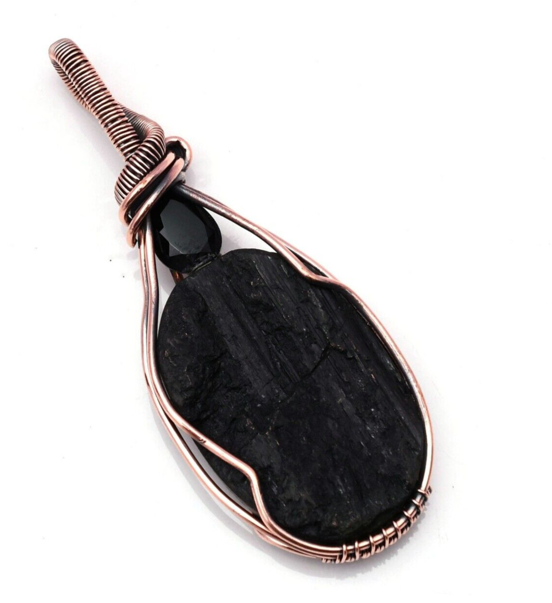 Black Tourmaline Pendant Copper Wire Wrapped Handmade Jewelry Pendant 2.15″