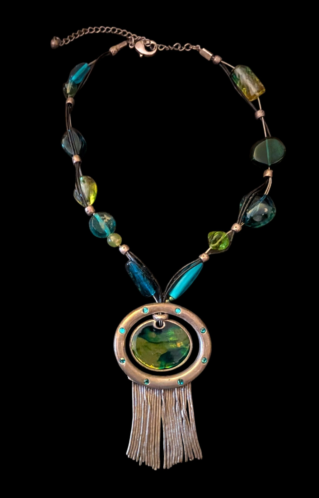 Chicos Antique Silver Tone Acrylic Bead Geometric Fringe 3.75″ Pendant 21″