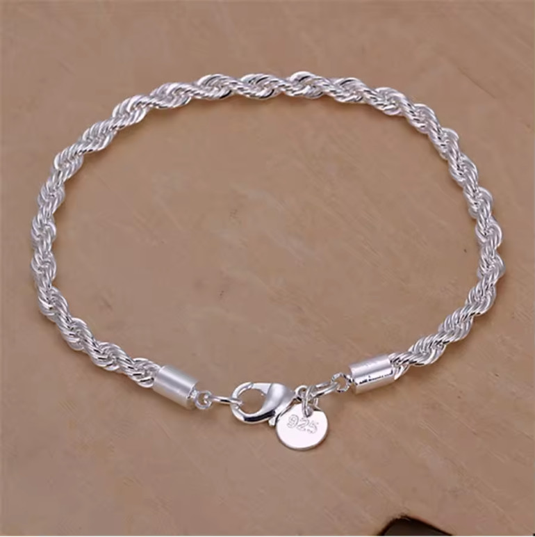 High Quality 925 Silver 4MM Women Men Chain Male Twisted Rope Necklace Bracelets