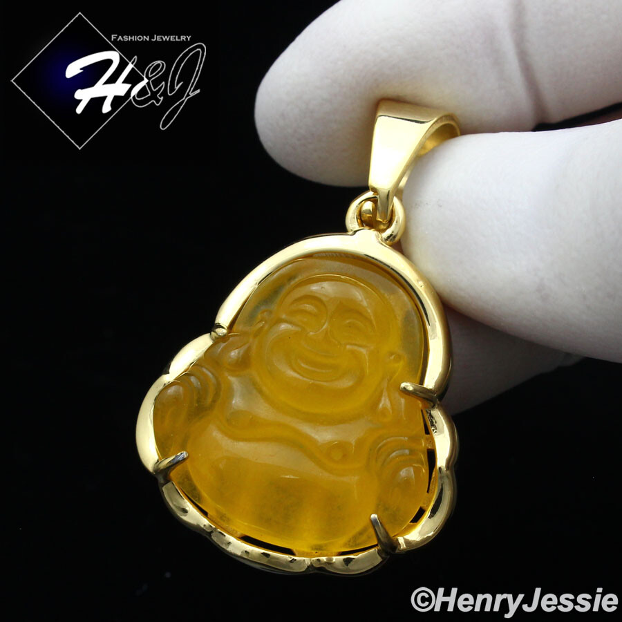 MEN WOMEN Stainless Steel Yellow Rhinestone Gold Plated Buddha Charm Pendant*123
