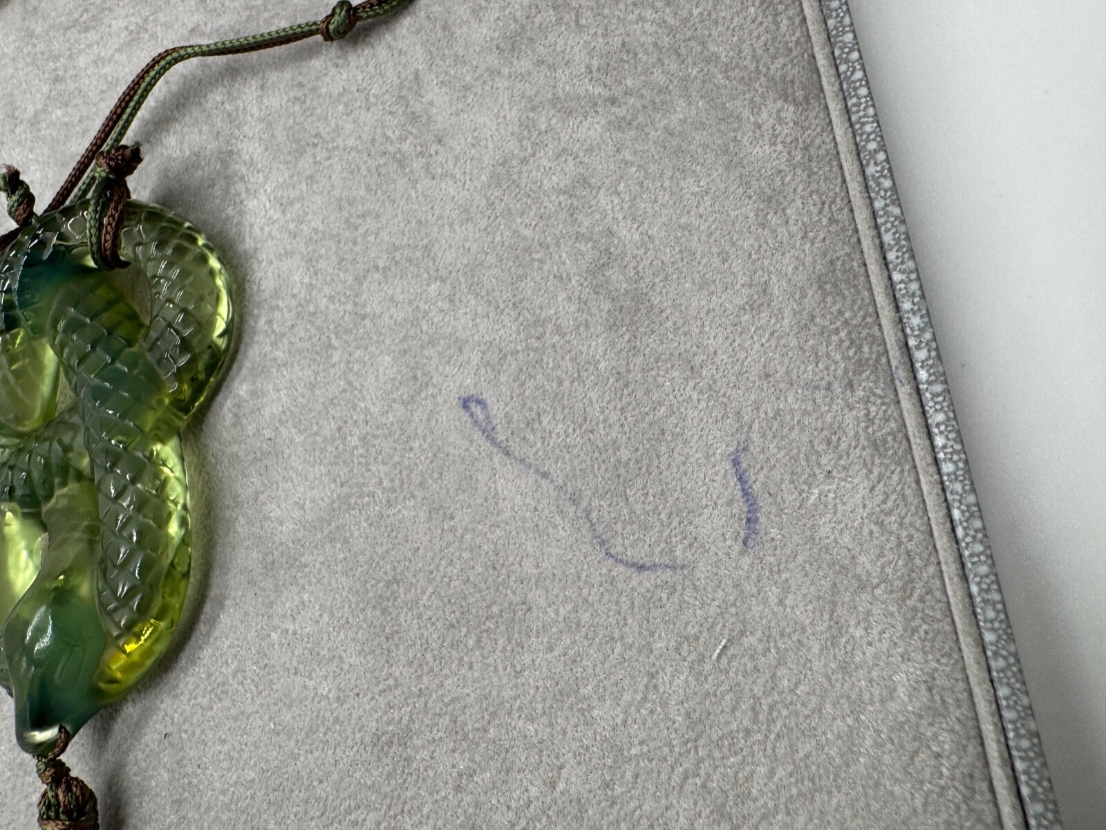 Lalique France Crystal Green Snake Serpent Pendant Silk Cord Necklace w/ Box