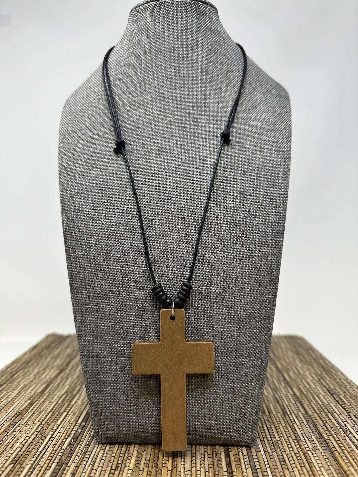 Wooden Cross Necklace 3in Brown Pendant Adjustable 16‑30in Sliding Knots Unisex