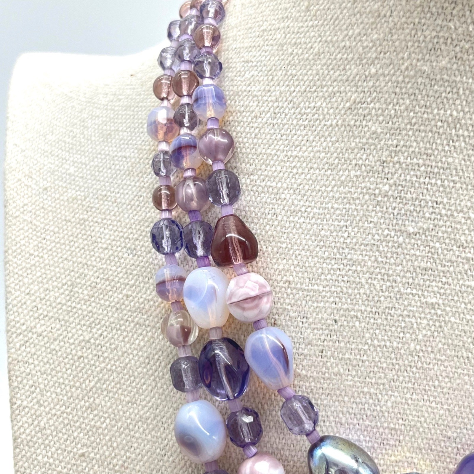 Vintage Germany Purple Iridescent Art Glass Triple Strand Beaded Necklace 16in