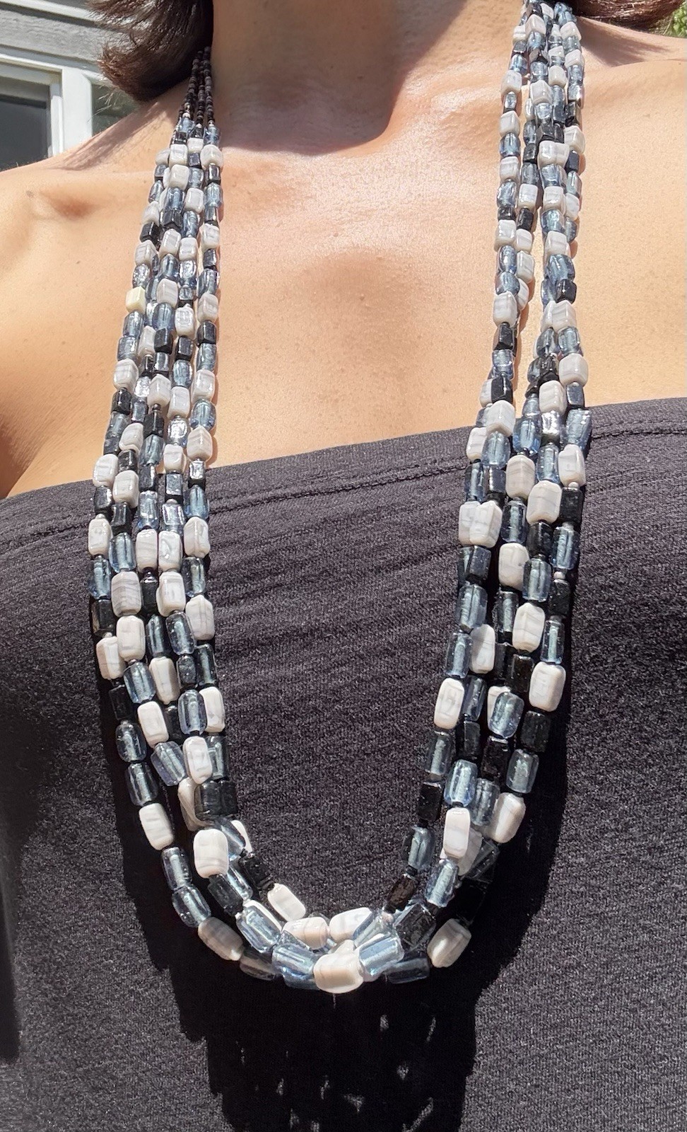 Black White Gray Multi-Strand Layered Glass Rectangular Bead Necklace, Lobster