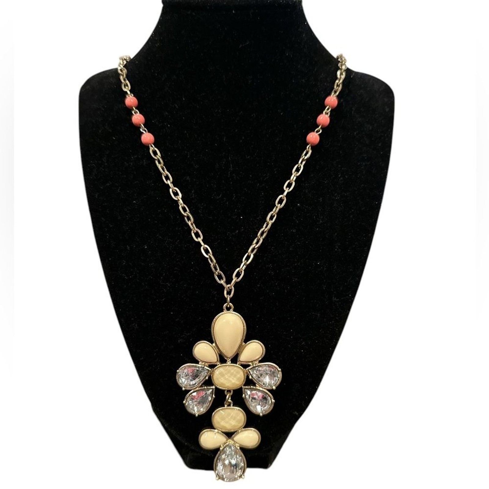LOFT GOLDTONE BEADED CORAL YELLOW CREAM EARTH-TONE LONG NECKLACE NEW