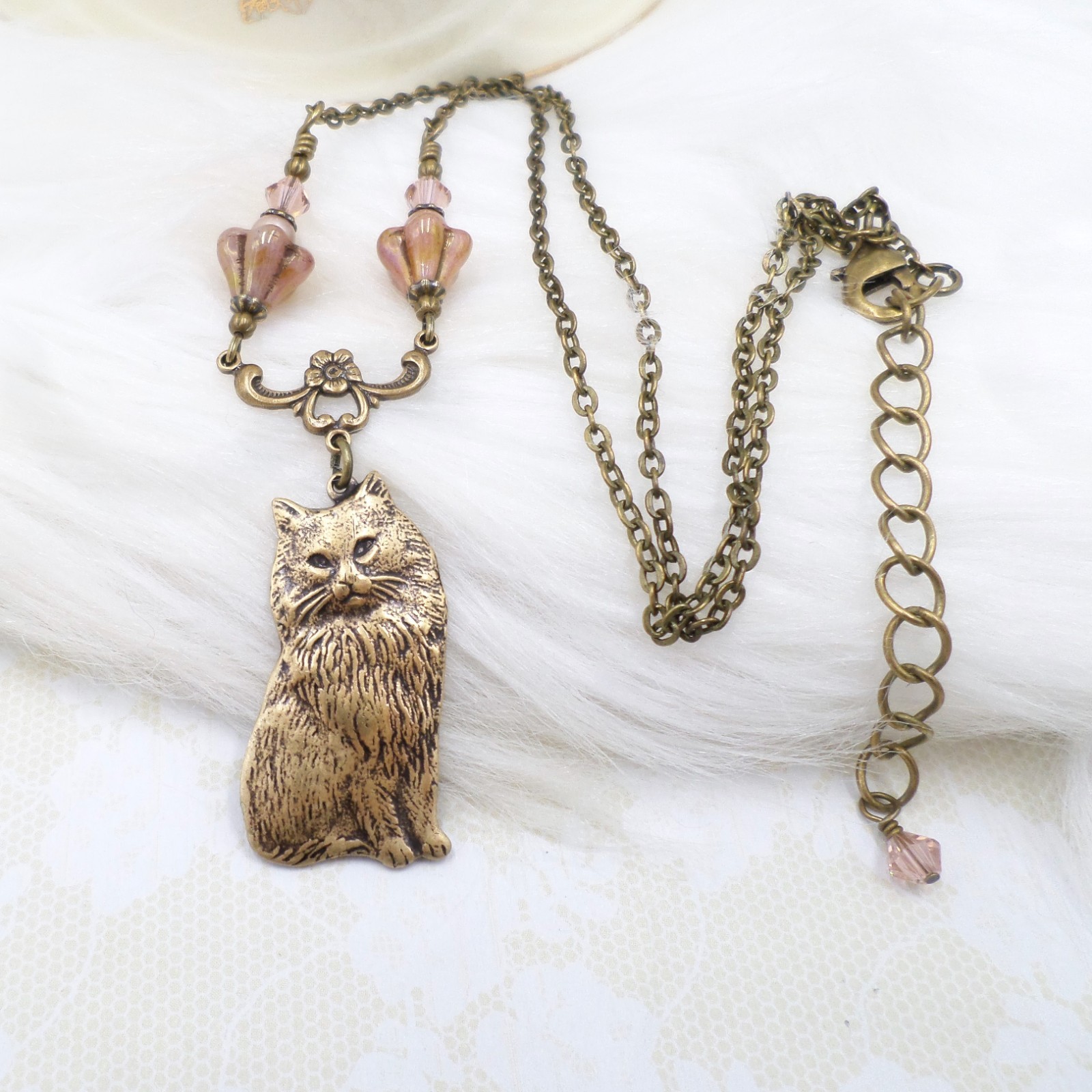 Vintage Style Cat Necklace with Pink Czech Glass Flowers, Antique Brass Handmade