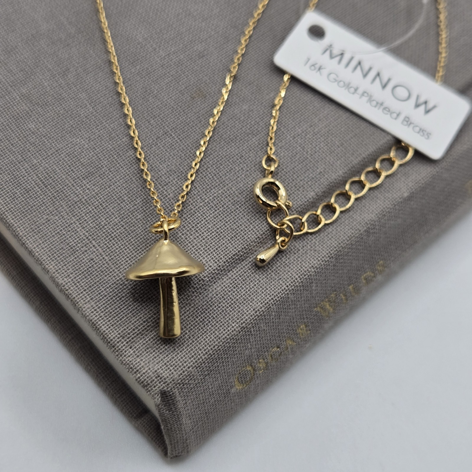 Gold Dainty Chain Fairy Mushroom Charm Necklace 16K Gold Plated Boutique Brand