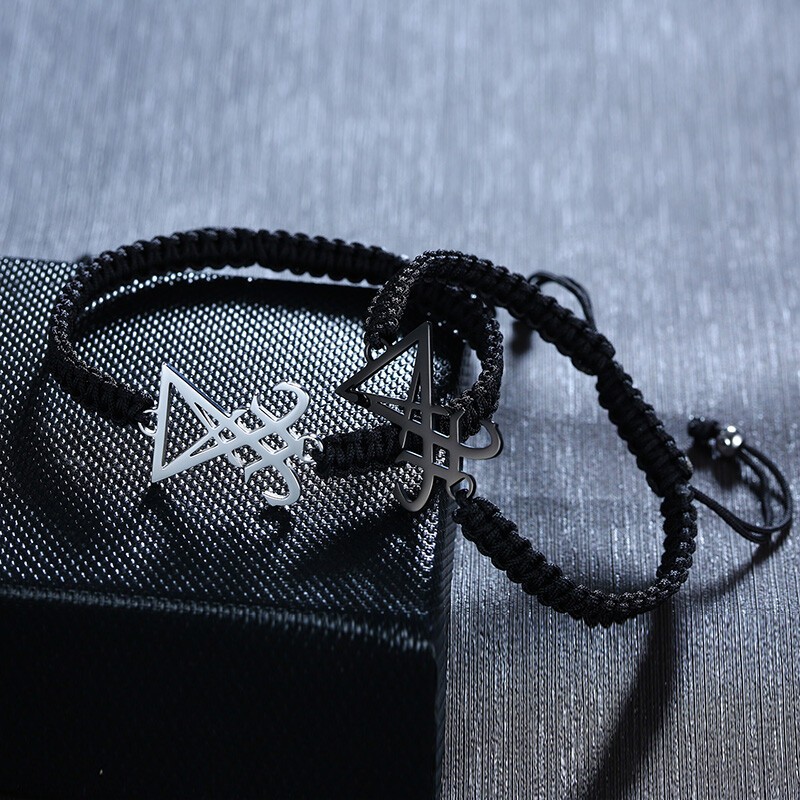 Braided Rope Men Bracelet Cuff Satanic Sigil of Lucifer Inverted Crucifix Cross