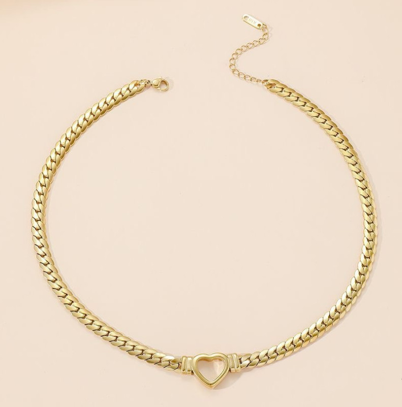 Silver Gold Heart Cuban Chain Stainless Steel Necklace 16-18″ Adjustable AG