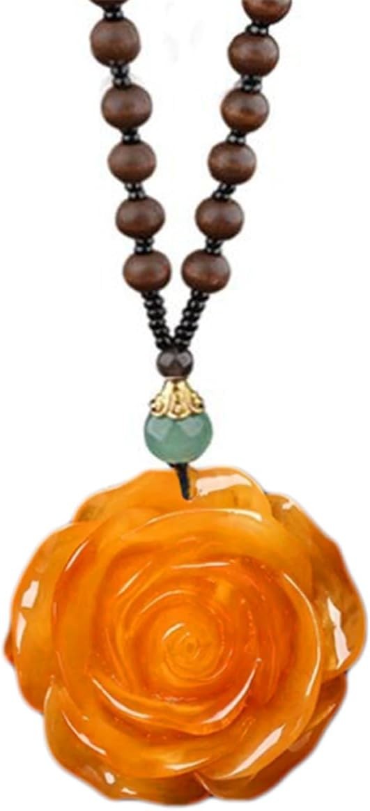 Charming Long Wooden Bead Necklace – Handmade Vintage Flower Pendant (4.5cm)