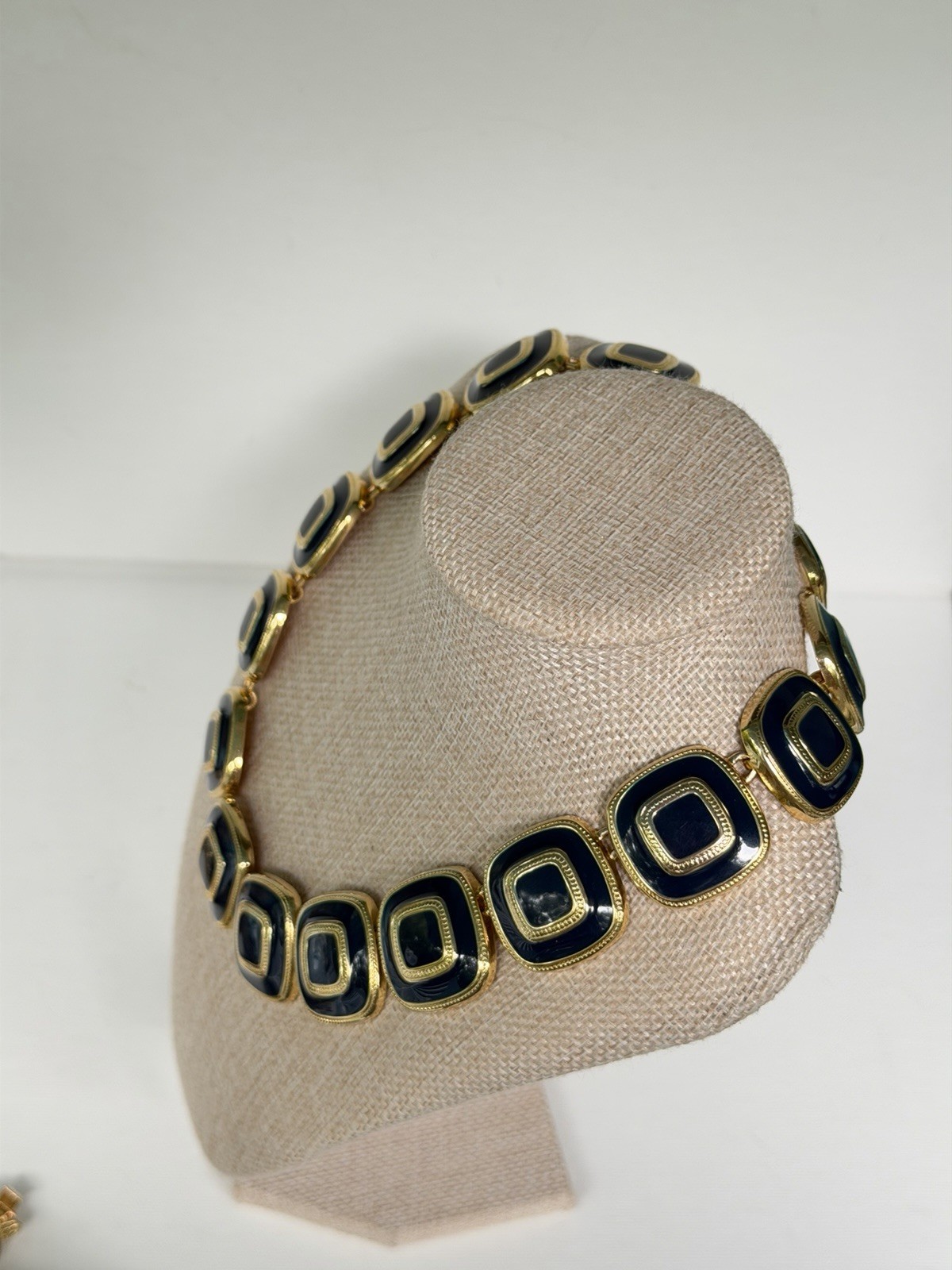 Vintage Gold Tone Navy Blue Enamel Geometric Statement Necklace Choker Collar