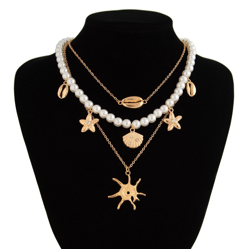 3PCS Women’s Boho Pearl Bead Necklace Starfish Shell Pendant Layered Necklace