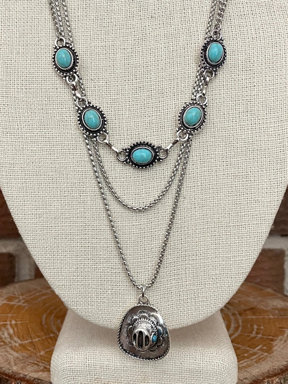 New Cowboy Hat Concho Necklace Set Chain Faux Turquoise Western Boho Cowgirl NWT