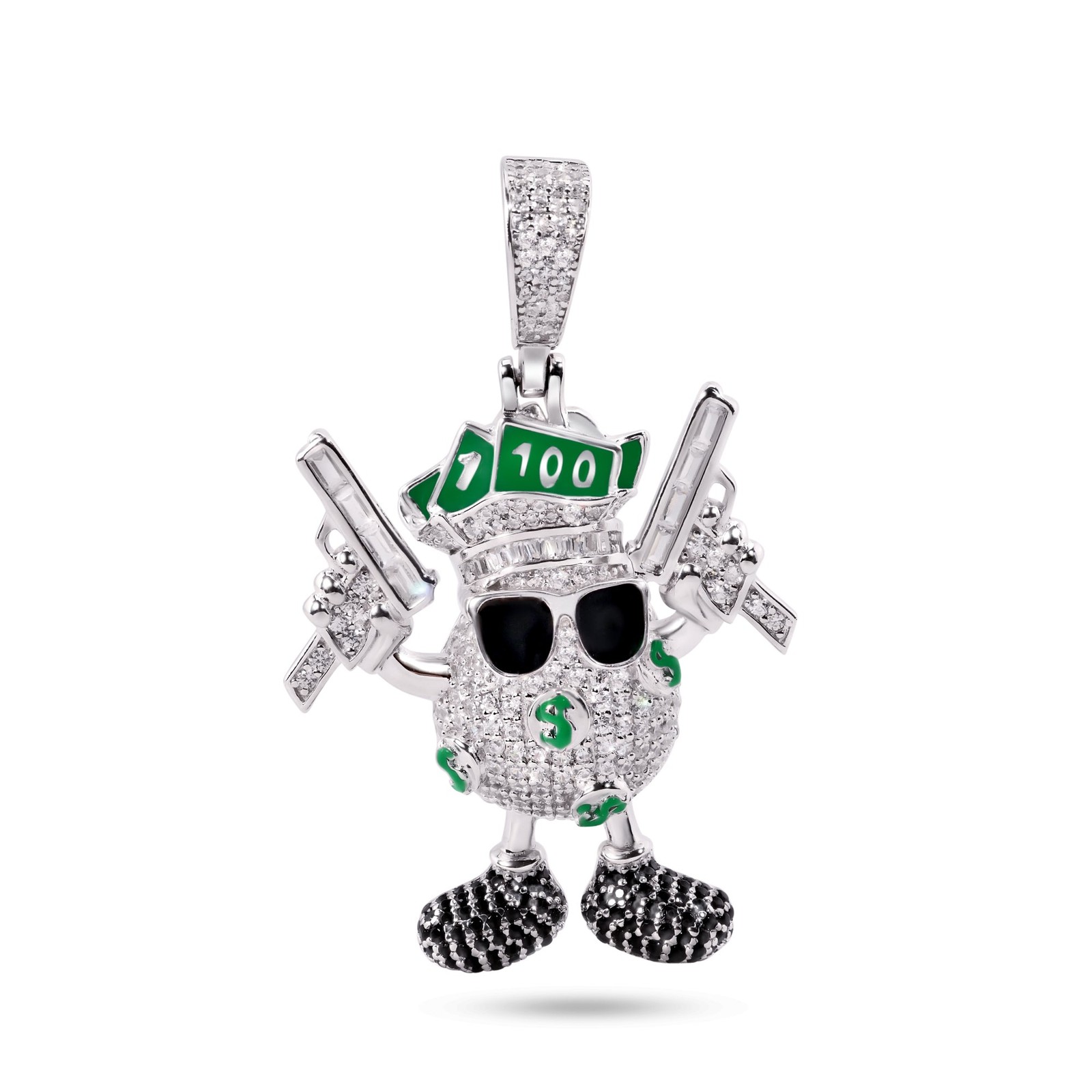 Rhodium Plated 925 Sterling Silver Bag Dollar Bills Guns Money CZ Enamel Pendant